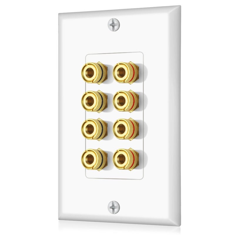 ICESPRING Banana Binding Post Two-Piece Coupler Inset Wall Plate for 4 Speakers Standard Single Gang White - Image 1